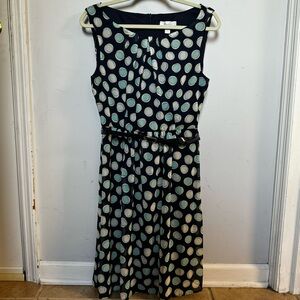 Dressbarn women’s sz 10 chiffon sleeveless navy turquoise belted polka dot dress